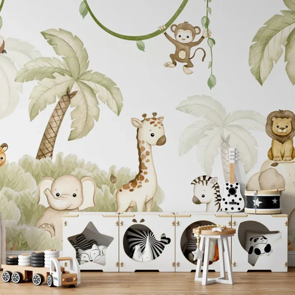 Baby Safari Animals Watercolor Wallpaper - Kids Room Wall Decor