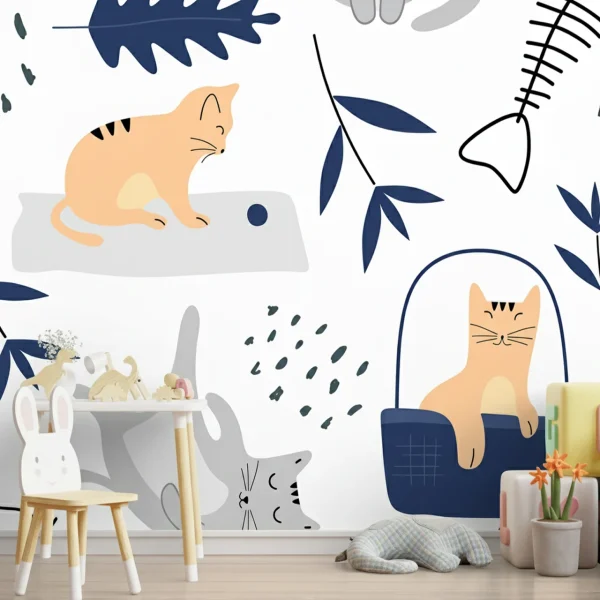 Cute Scandinavian Cats & Botanical Wallpaper - Kids Room Decor