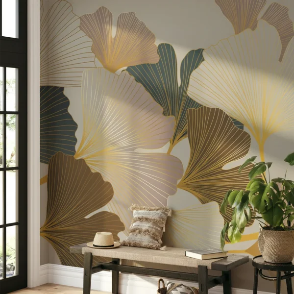 Golden Ginkgo Leaves Wallpaper for Rooms - Luxury Nature Theme