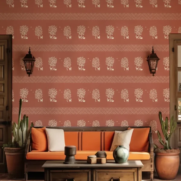Gond Stories Wallpaper - Terracotta Tribal Art Decor
