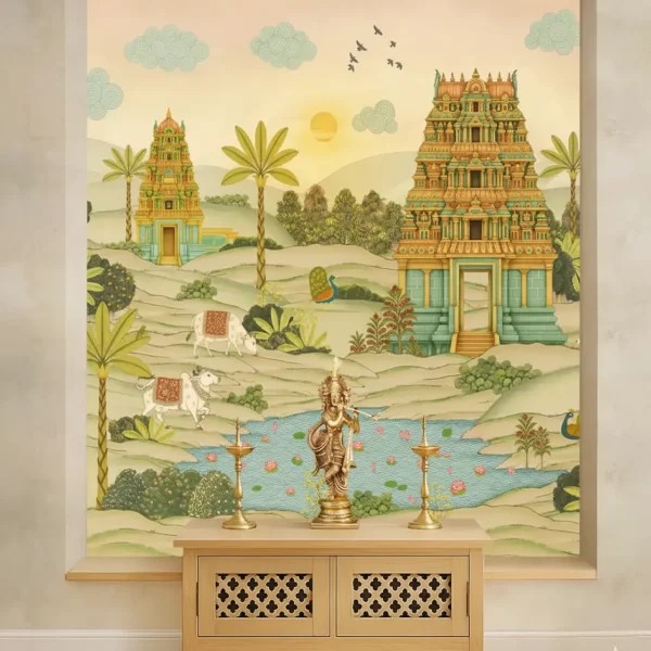 Gopuram Vatika Wallpaper - South Indian Temple Garden Decor