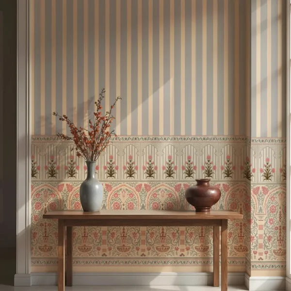 Kusum: Indian Floral Jharokha & Stripes Wallpaper - Floral Heritage Design
