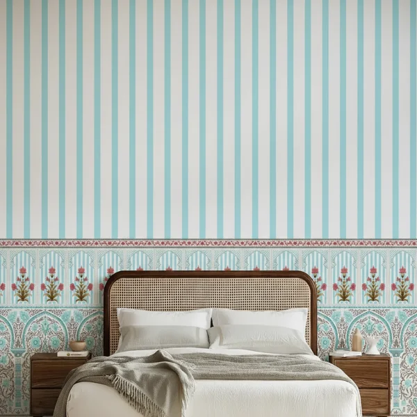 Kusum Indian Floral Jharokha Wallpaper - Blue Heritage Design