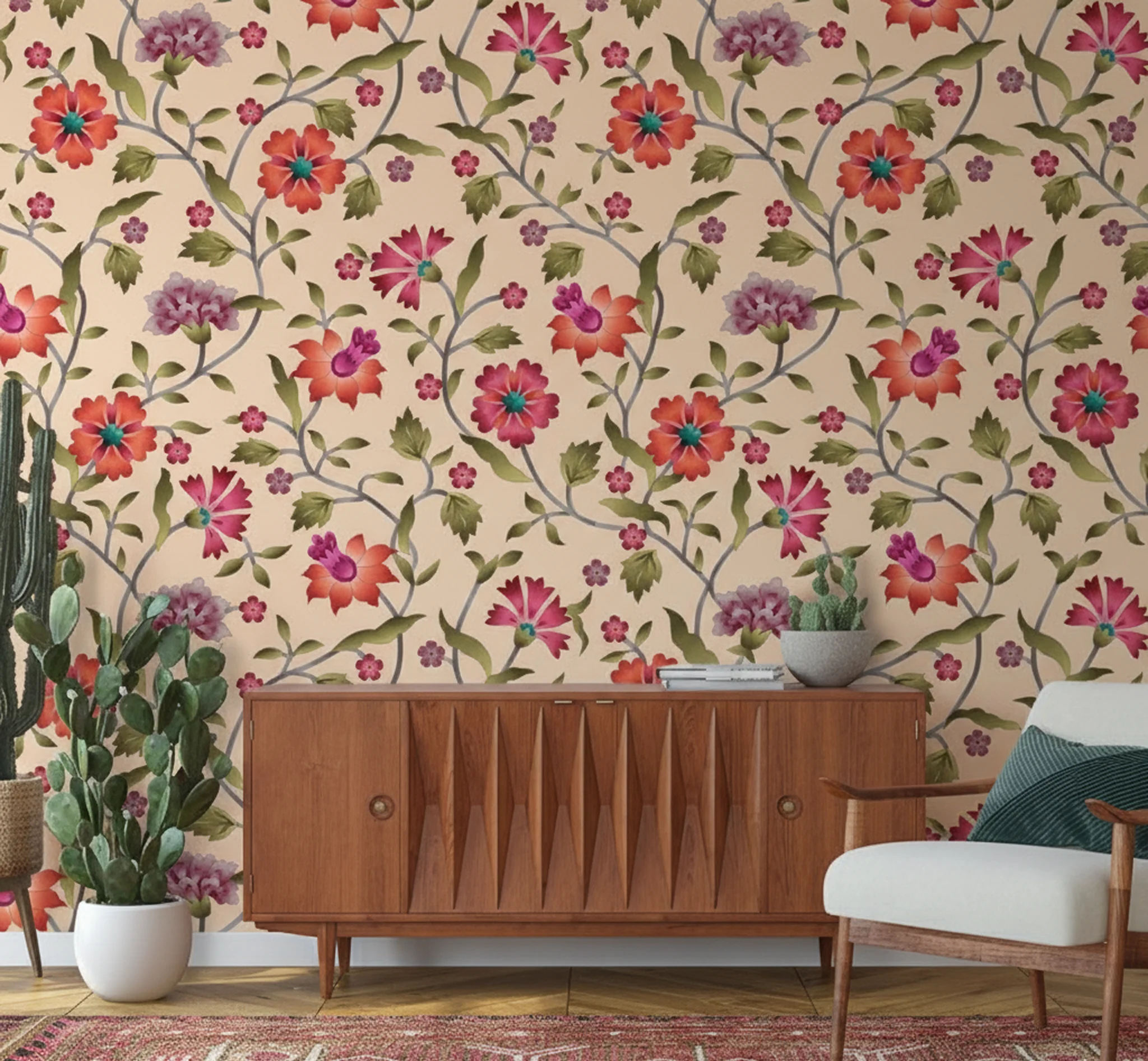 Mughal Motif Flower Pattern Wallpaper - Royal Indian Heritage Art