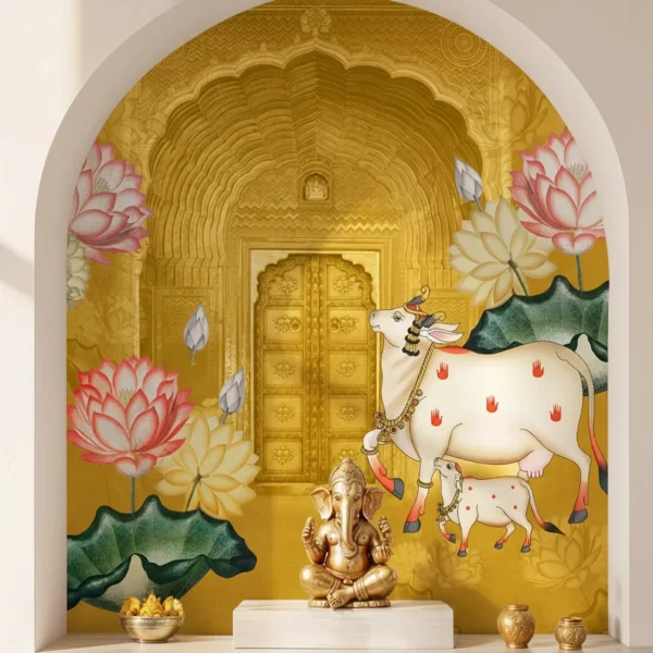 Pichwai Style Yellow | Blue Wallpaper - Heritage Temple Decor