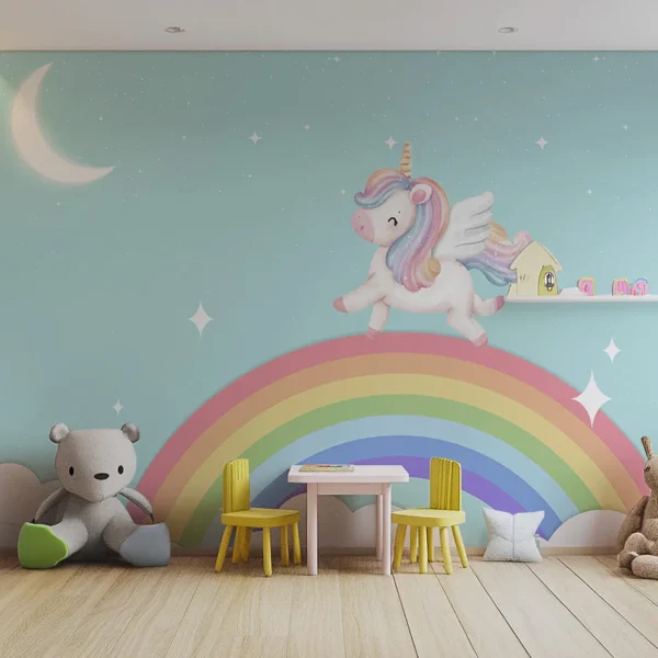 Rainbow Unicorn Wallpaper for Kids Room - Magical Dreamland Decor