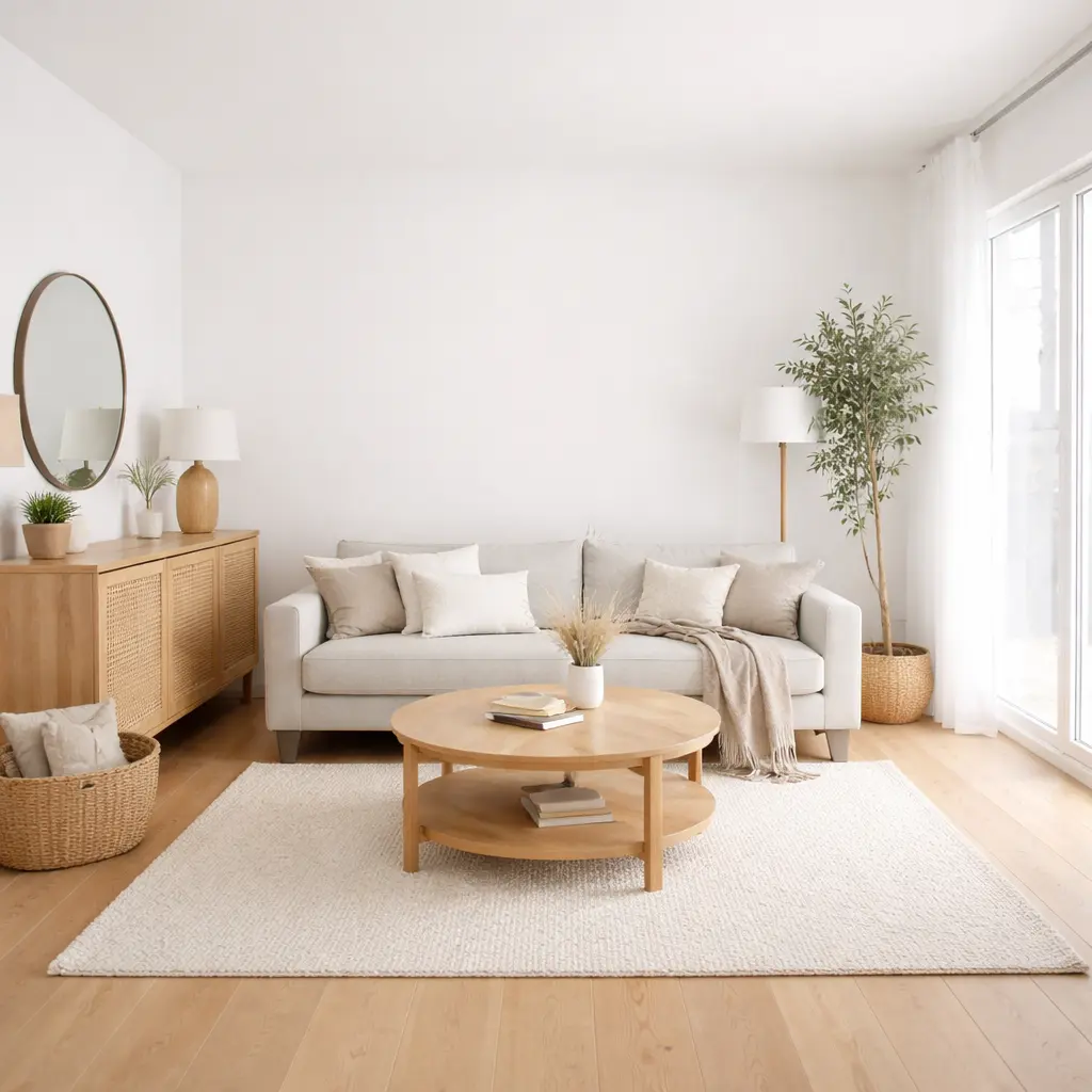White & Natural Wood Tones Living Room Colour Combinations
